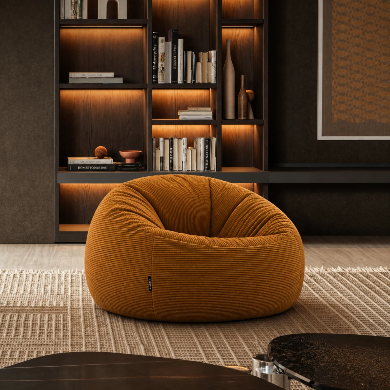 Puff SHIRONI IMOOSHI Mostaza en un interior contemporáneo