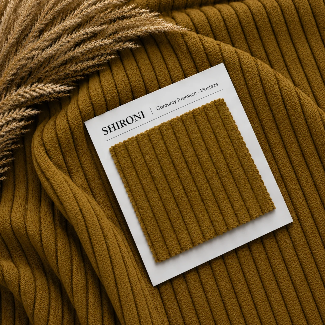 Detalle del Corduroy Premium en Mostaza, junto a su muestra de tela
